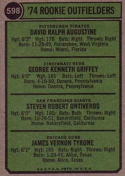 1974 Topps #598 1974 Rookie Outfielders (Dave Augustine / Ken Griffey / Steve Ontiveros / Jim Tyrone) Back