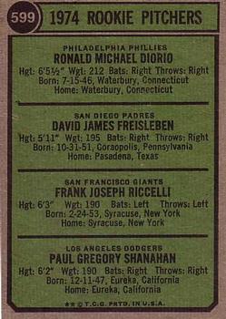 1974 Topps #599 1974 Rookie Pitchers (Ron Diorio / Dave Freisleben / Frank Riccelli / Greg Shanahan) Back