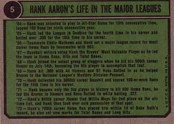 1974 Topps #5 Hank Aaron Special 1966-1969 Back