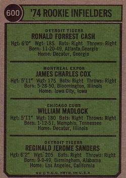 1974 Topps #600 1974 Rookie Infielders (Ron Cash / Jim Cox / Bill Madlock / Reggie Sanders) Back
