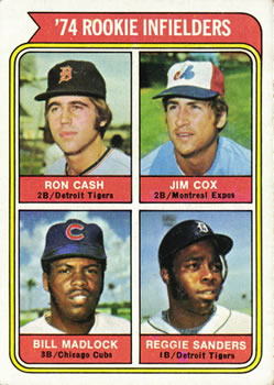 1974 Topps #600 1974 Rookie Infielders (Ron Cash / Jim Cox / Bill Madlock / Reggie Sanders) Front