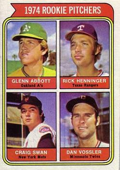 1974 Topps #602 1974 Rookie Pitchers (Glenn Abbott / Rick Henninger / Craig Swan / Dan Vossler) Front