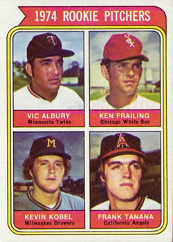 1974 Topps #605 1974 Rookie Pitchers (Vic Albury / Ken Frailing / Kevin Kobel / Frank Tanana) Front