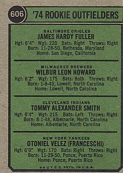 1974 Topps #606 1974 Rookie Outfielders (Jim Fuller / Wilbur Howard / Tommy Smith / Otto Velez) Back