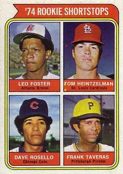 1974 Topps #607 1974 Rookie Shortstops (Leo Foster / Tom Heintzelman / Dave Rosello / Frank Taveras) Front