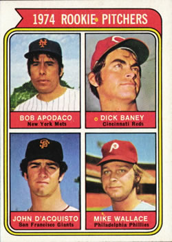 1974 Topps #608 1974 Rookie Pitchers (Bob Apodaca / Dick Baney / John D'Acquisto / Mike Wallace) Front