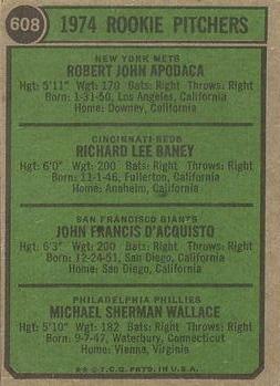 1974 Topps #608 1974 Rookie Pitchers (Bob Apodaca / Dick Baney / John D'Acquisto / Mike Wallace) Back