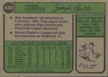 1974 Topps #639 Joe Lovitto Back