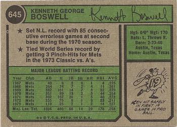 1974 Topps #645 Ken Boswell Back
