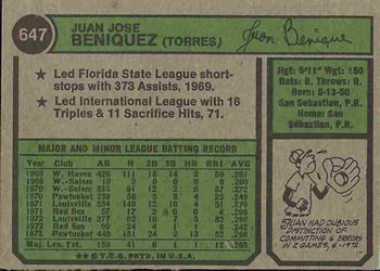 1974 Topps #647 Juan Beniquez Back