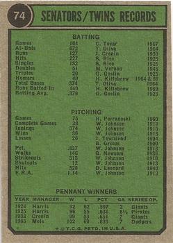 1974 Topps #74 Minnesota Twins Back