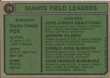 1974 Topps #78 Giants Field Leaders (Charlie Fox / John McNamara / Joe Amalfitano / Andy Gilbert / Don McMahon) Back
