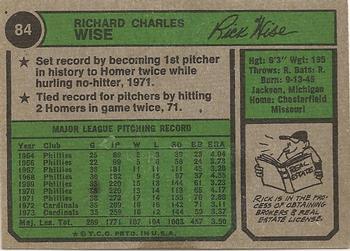 1974 Topps #84 Rick Wise Back