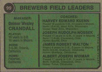 1974 Topps #99 Brewers Field Leaders (Del Crandall / Al Widmar / Joe Nossek / Jim Walton / Harvey Kuenn) Back