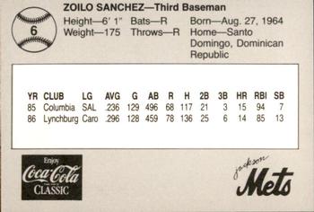 1987 Feder Jackson Mets #6 Zoilo Sanchez Back