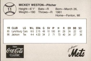 1987 Feder Jackson Mets #11 Mickey Weston Back