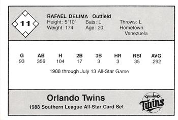1988 Jennings Southern League All-Stars #11 Rafael DeLima Back