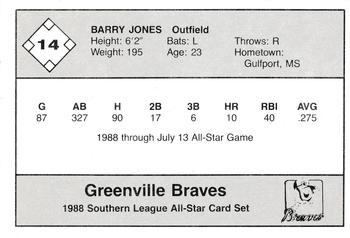 1988 Jennings Southern League All-Stars #14 Barry Jones Back