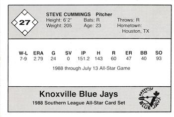 1988 Jennings Southern League All-Stars #27 Steve Cummings Back