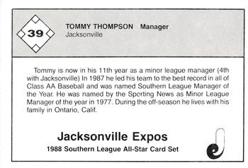 1988 Jennings Southern League All-Stars #39 Tommy Thompson Back