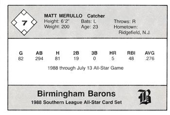 1988 Jennings Southern League All-Stars #7 Matt Merullo Back