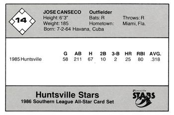 1986 Jennings Southern League All-Stars #14 Jose Canseco Back