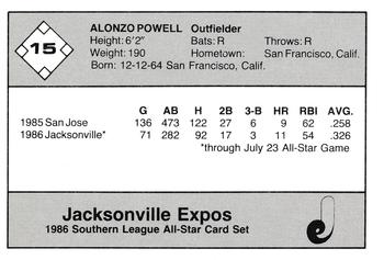 1986 Jennings Southern League All-Stars #15 Alonzo Powell Back
