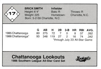 1986 Jennings Southern League All-Stars #17 Brick Smith Back