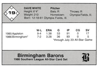 1986 Jennings Southern League All-Stars #19 Dave White Back