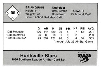 1986 Jennings Southern League All-Stars #8 Brian Guinn Back
