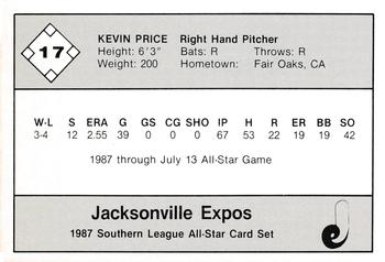1987 Jennings Southern League All-Stars #17 Kevin Price Back