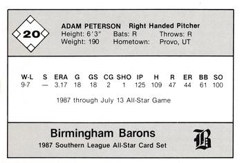 1987 Jennings Southern League All-Stars #20 Adam Peterson Back