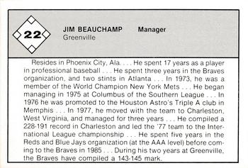 1987 Jennings Southern League All-Stars #22 Jim Beauchamp Back