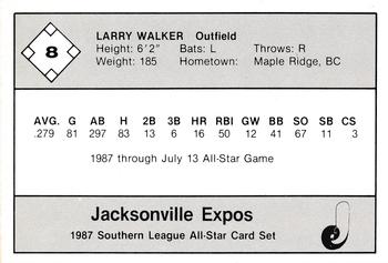1987 Jennings Southern League All-Stars #8 Larry Walker Back