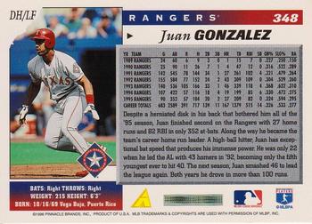 1996 Score #348 Juan Gonzalez Back