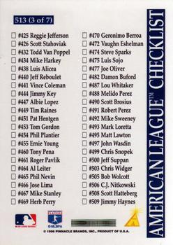 1996 Score #513 American League Checklist Back