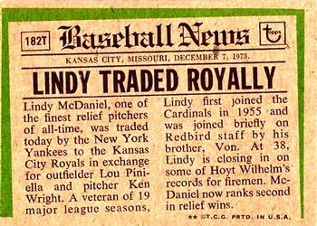 1974 Topps - Traded #182T Lindy McDaniel Back