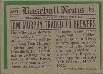 1974 Topps - Traded #496T Tom Murphy Back
