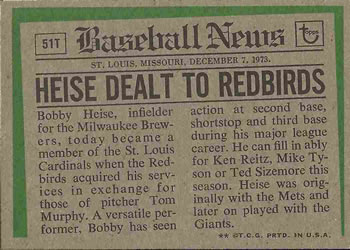 1974 Topps - Traded #51T Bobby Heise Back