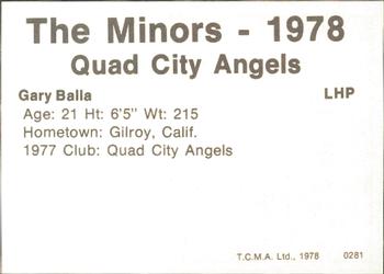 1978 TCMA Quad City Angels #1 Gary Balla Back