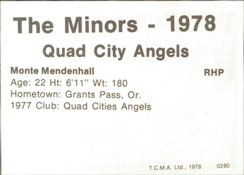 1978 TCMA Quad City Angels #13 Monte Mendenhall Back