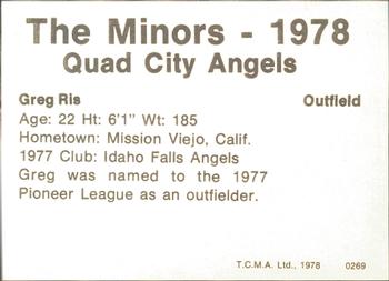 1978 TCMA Quad City Angels #21 Greg Ris Back
