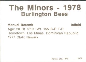 1978 TCMA Burlington Bees #0169 Manuel Betemit Back