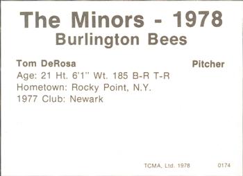 1978 TCMA Burlington Bees #0174 Tom DeRosa Back
