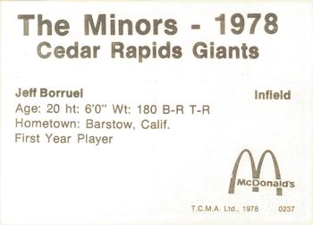 1978 TCMA Cedar Rapids Giants #3 Jeff Borruel Back