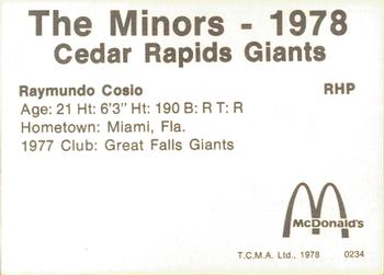 1978 TCMA Cedar Rapids Giants #6 Raymundo Cosio Back