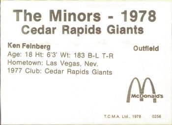 1978 TCMA Cedar Rapids Giants #8 Ken Feinberg Back