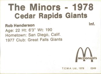 1978 TCMA Cedar Rapids Giants #9 Rob Henderson Back