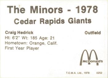 1978 TCMA Cedar Rapids Giants #10 Craig Hedrick Back