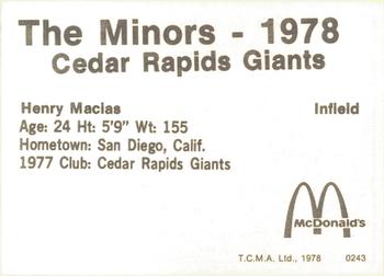 1978 TCMA Cedar Rapids Giants #16 Henry Macias Back